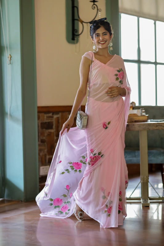 Ready To Wear Floral Georgette Saree – Pink Blossom