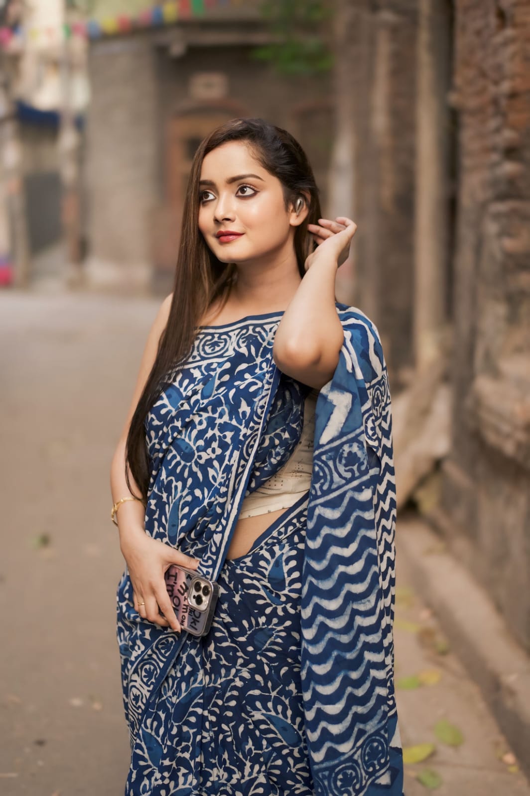 Ready To Wear Linen Silk Digital Print Saree – Blue Serenity
