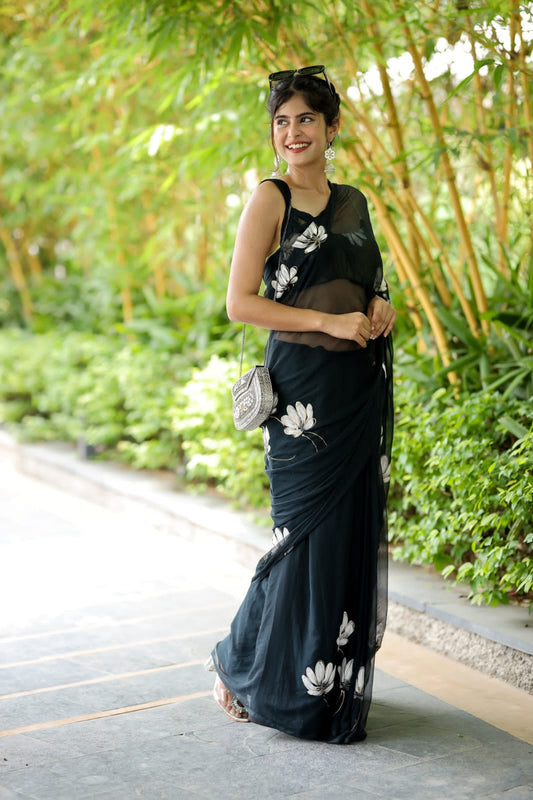 Ready to Wear - Black Floral Pure Soft Georgette Silk Saree