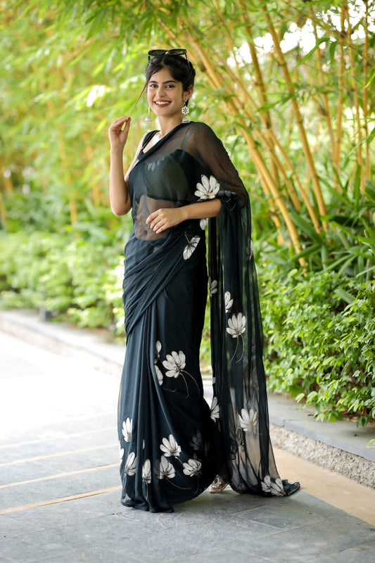 Ready to Wear - Black Floral Pure Soft Georgette Silk Saree
