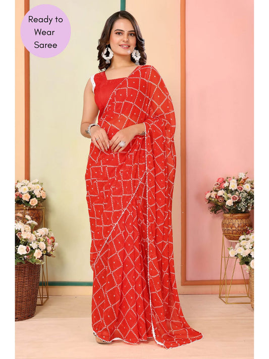 Ready to Wear - Orange Bandhani Pure Soft Georgette Silk Saree