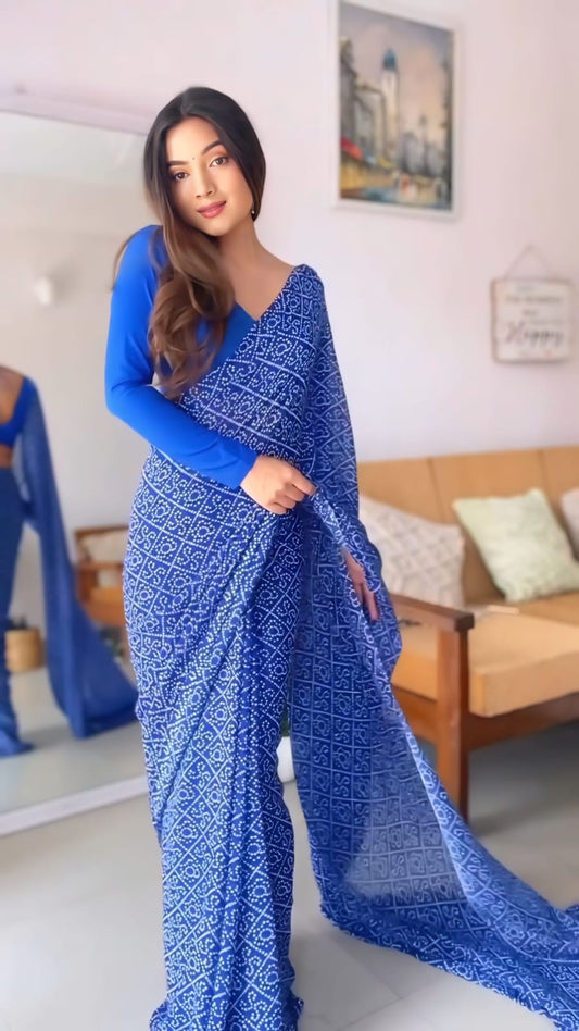 Ready to Wear - Blue Bandhani Pure Soft Georgette Silk Saree