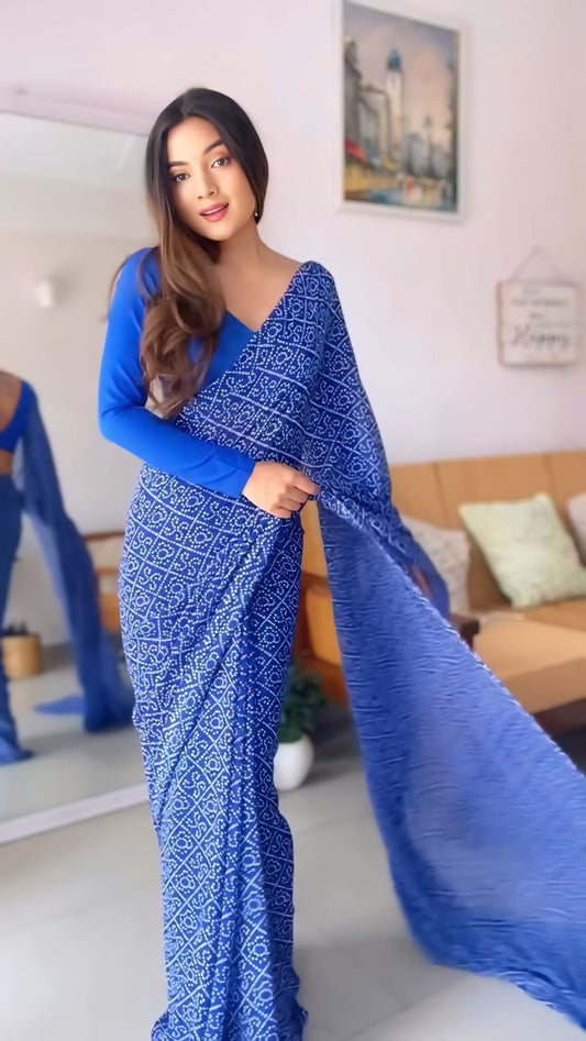 Ready to Wear - Blue Bandhani Pure Soft Georgette Silk Saree