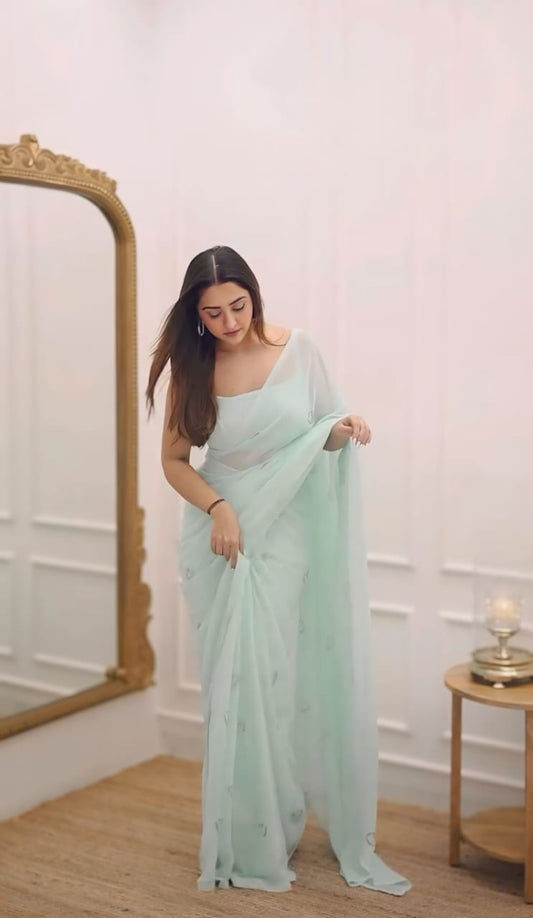 Ready to Wear - Sky Blue Handwork Heart Design Pure Soft Georgette Silk Saree
