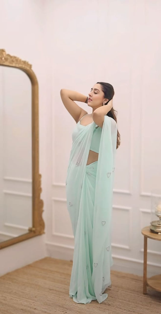 Ready to Wear - Sky Blue Handwork Heart Design Pure Soft Georgette Silk Saree