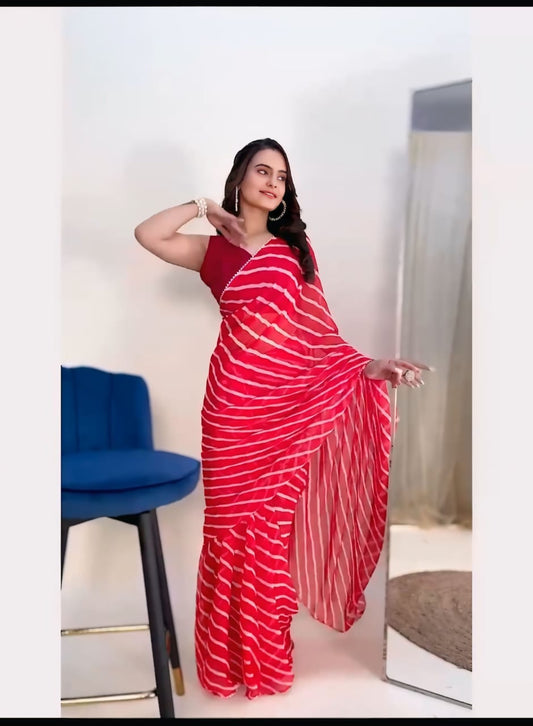 Ready to Wear - Red & White Laheriya Pure Soft Georgette Silk Saree