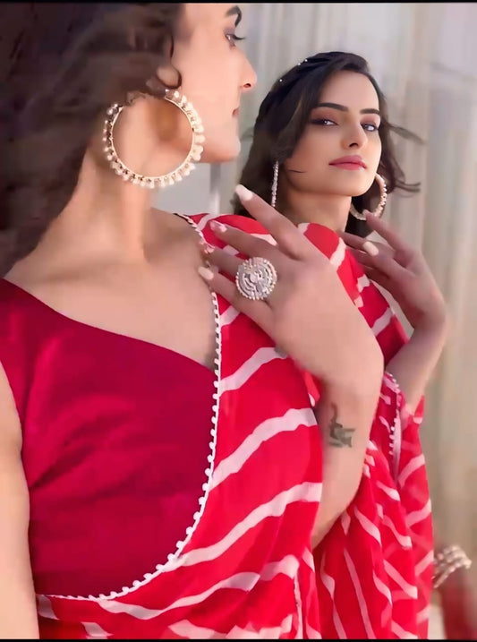Ready to Wear - Red & White Laheriya Pure Soft Georgette Silk Saree