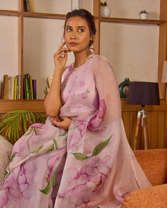 Ready to Wear - Pink Pure Soft Organza Silk Saree with Stitched Blouse