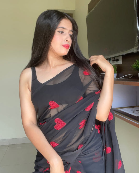 Ready to Wear - Pure Soft Georgette Silk Saree with Embroidered Red Heart Design