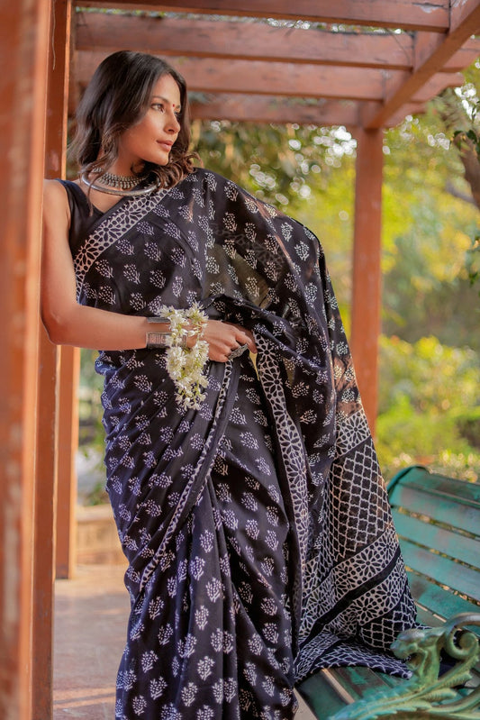 Ready to Wear - Pure Soft Linen Black Silk Saree