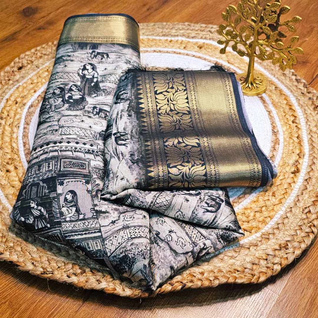 Black Dola Silk Kalamkari Art Saree with Gold Zari Lotus Border – Monochrome Majesty
