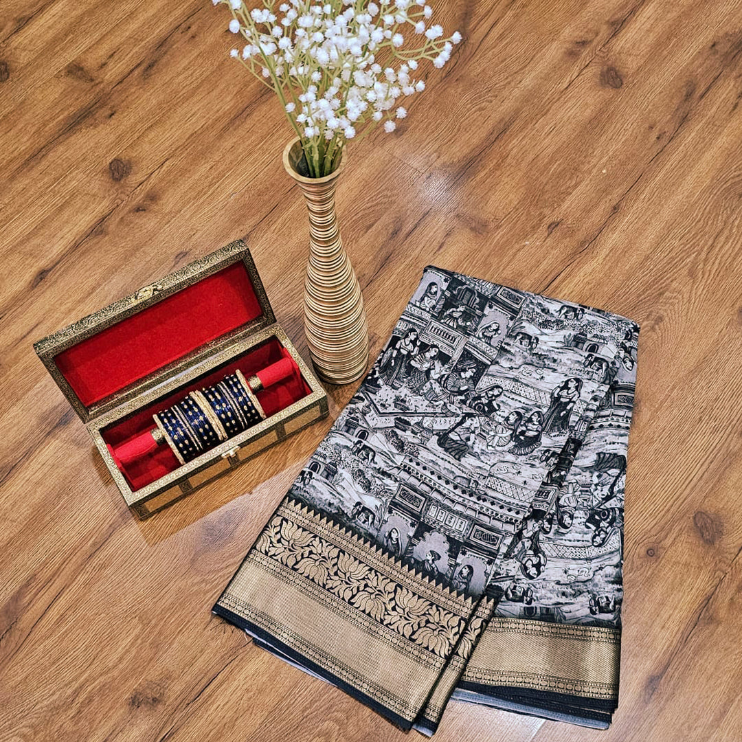 Black Dola Silk Kalamkari Art Saree with Gold Zari Lotus Border – Monochrome Majesty