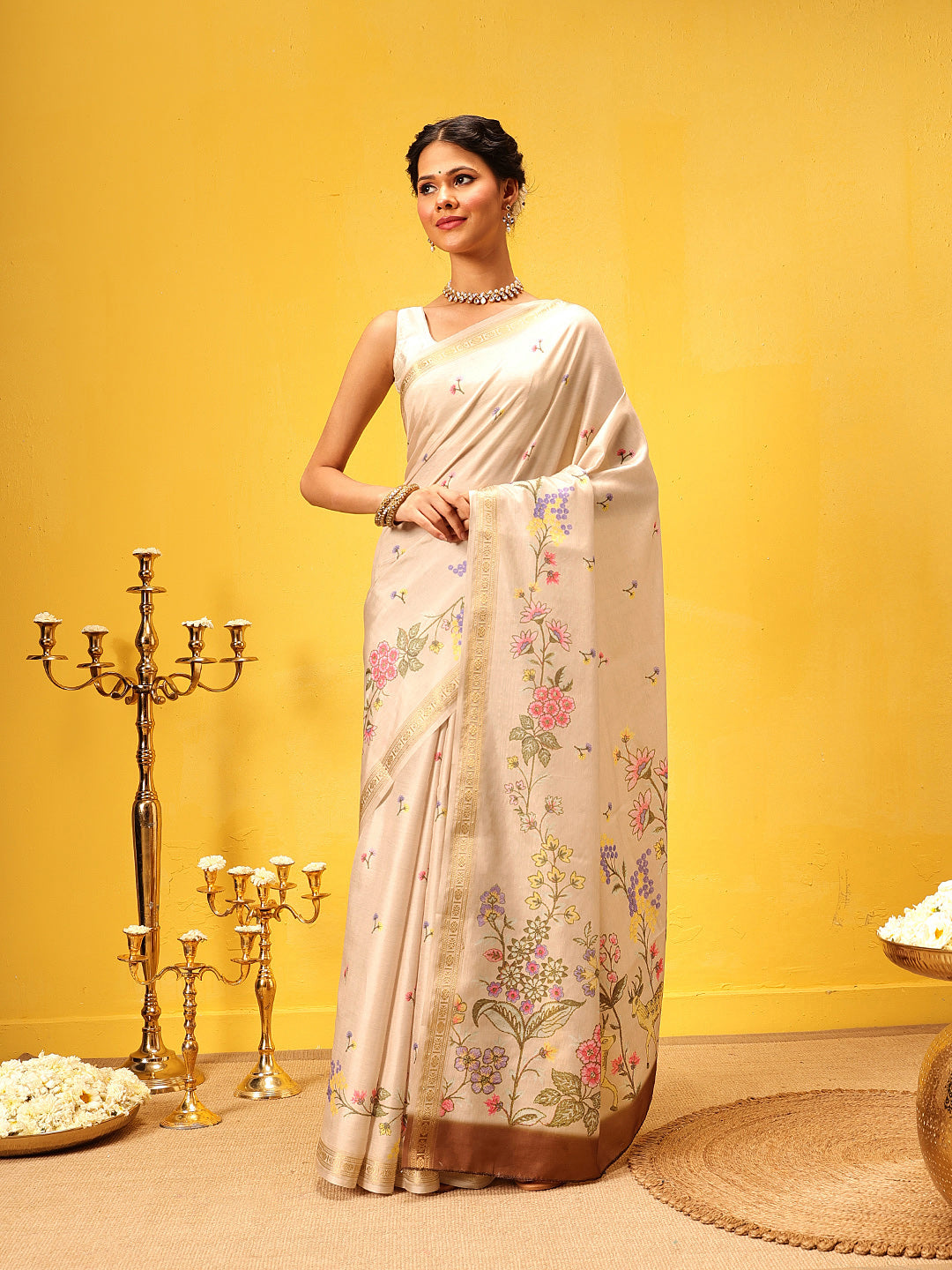 Ready To Wear Tussar Color Soft Silk Floral Digital Printed  Saree