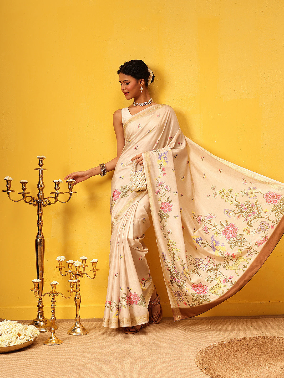 Ready To Wear Tussar Color Soft Silk Floral Digital Printed  Saree
