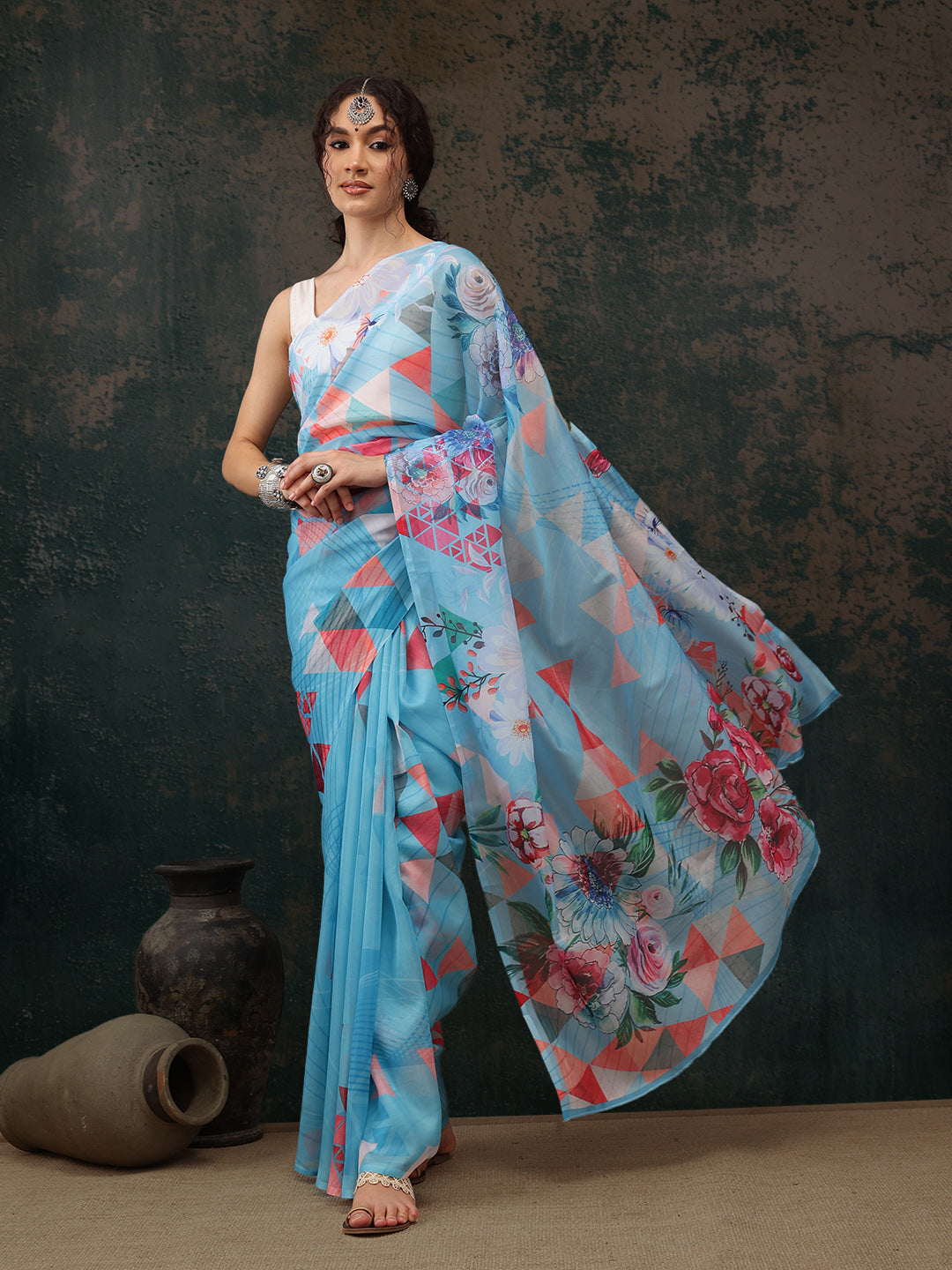 Ready To Wear Abstrect Chanderi Polyester Silk  Saree