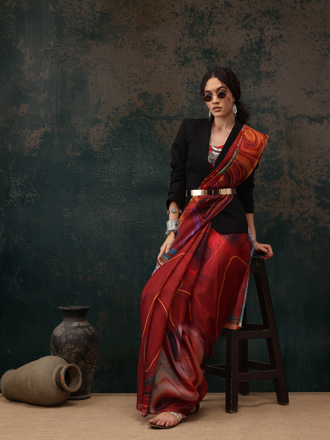 Ready To Wear Abstrect Chanderi Polyester Silk  Saree