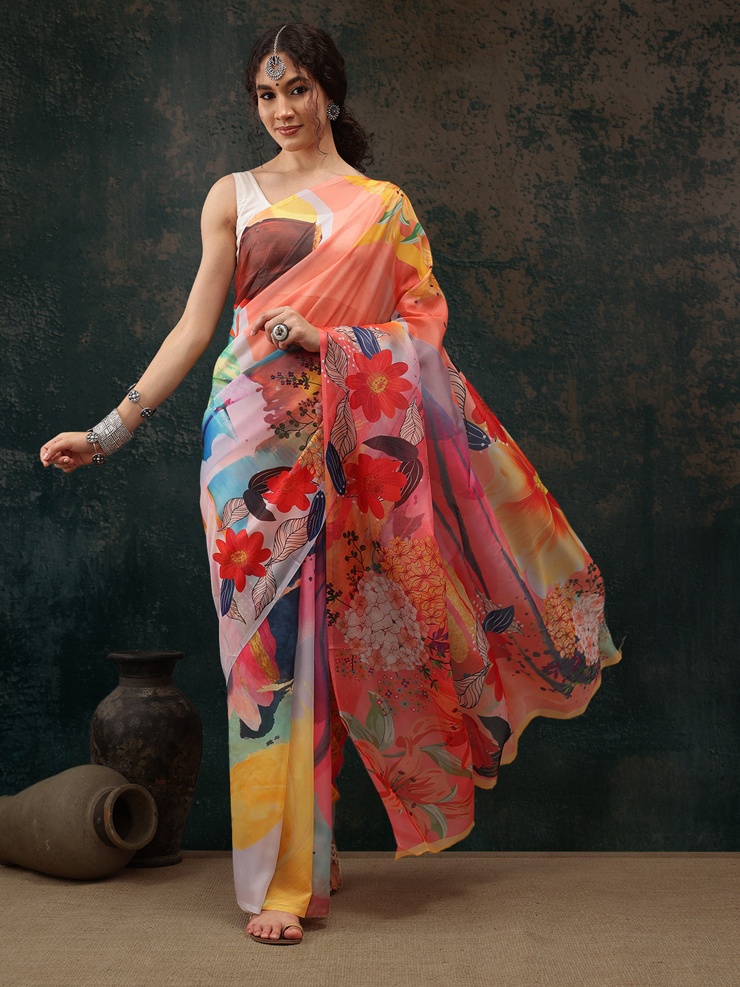 Ready To Wear Abstrect Chanderi Polyester Silk  Saree