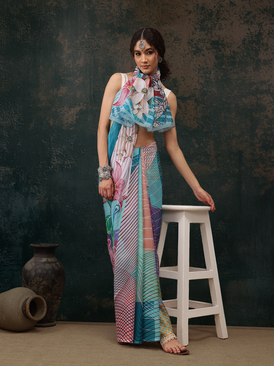 Ready To Wear Abstrect Chanderi Polyester Silk  Saree