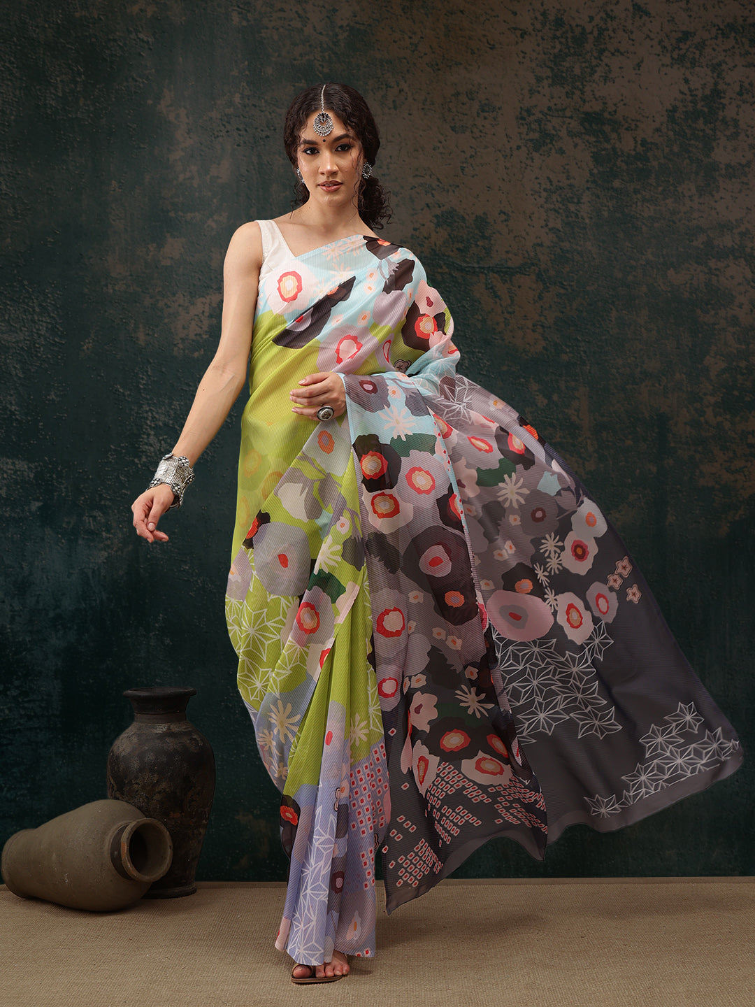Ready To Wear Abstrect Chanderi Polyester Silk  Saree