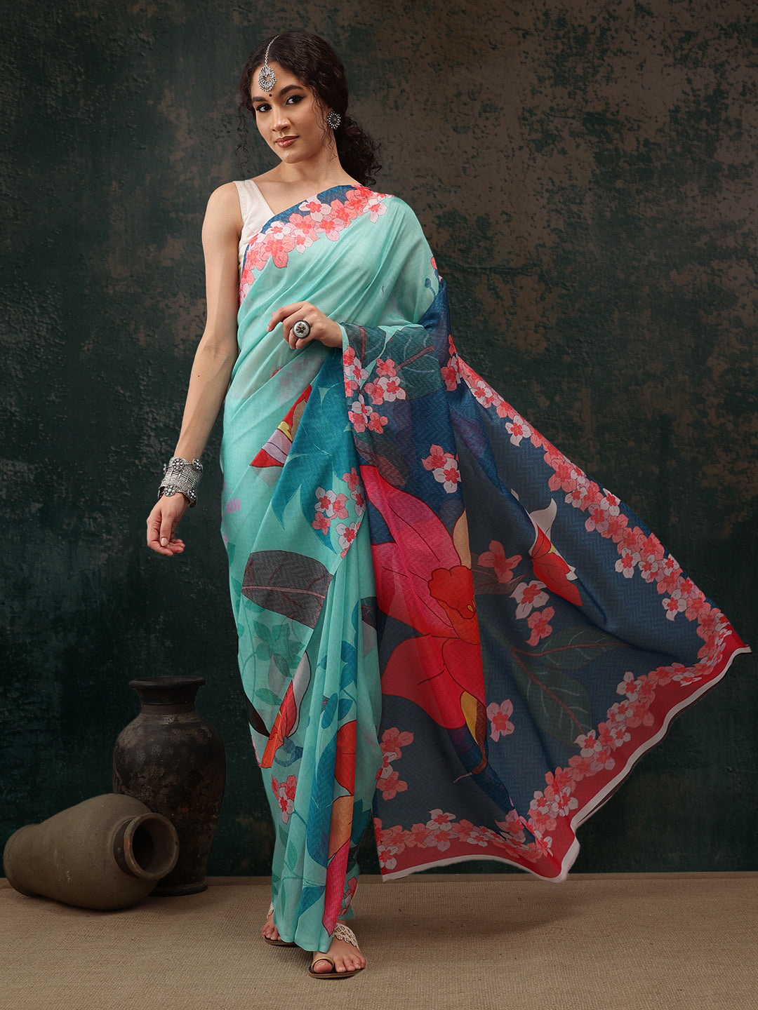 Ready To Wear Floral Chanderi Polyester Silk  Saree