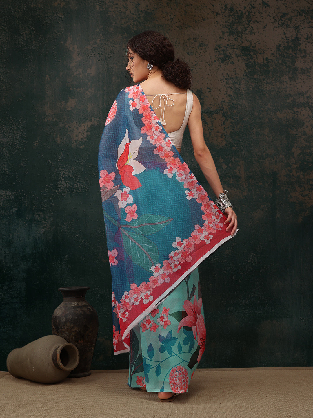Ready To Wear Floral Chanderi Polyester Silk  Saree