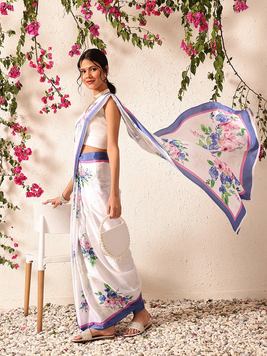 Ready To Wear Bollywood Inspired Floral Digital Print Satin Saree