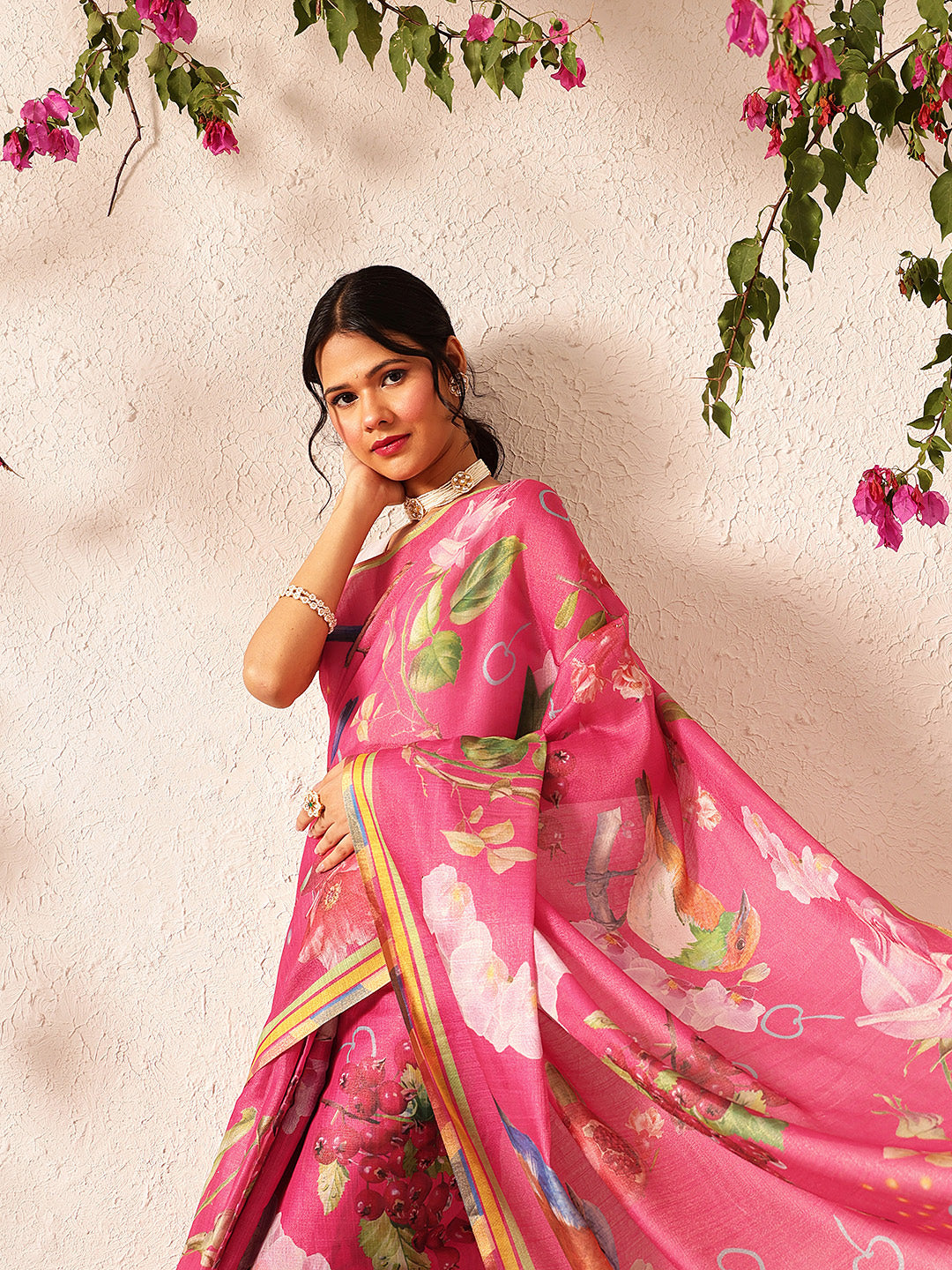 Ready To Wear Fruits Printed Cotton Tissue Saree With Gold Zari Work