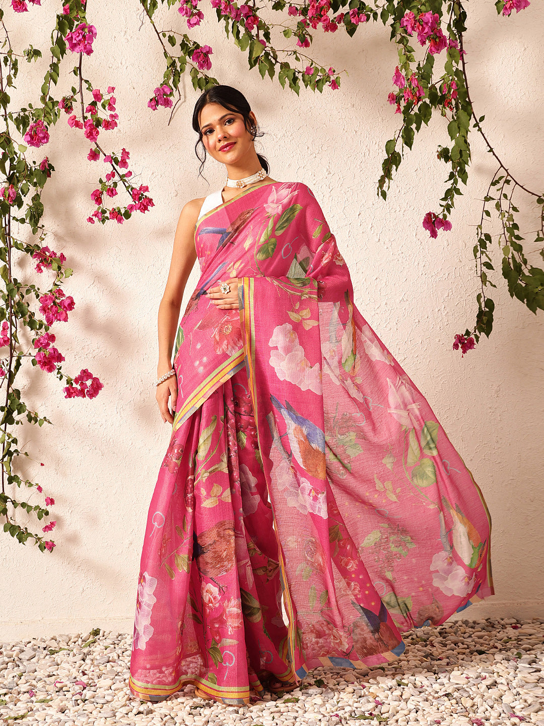 Ready To Wear Fruits Printed Cotton Tissue Saree With Gold Zari Work