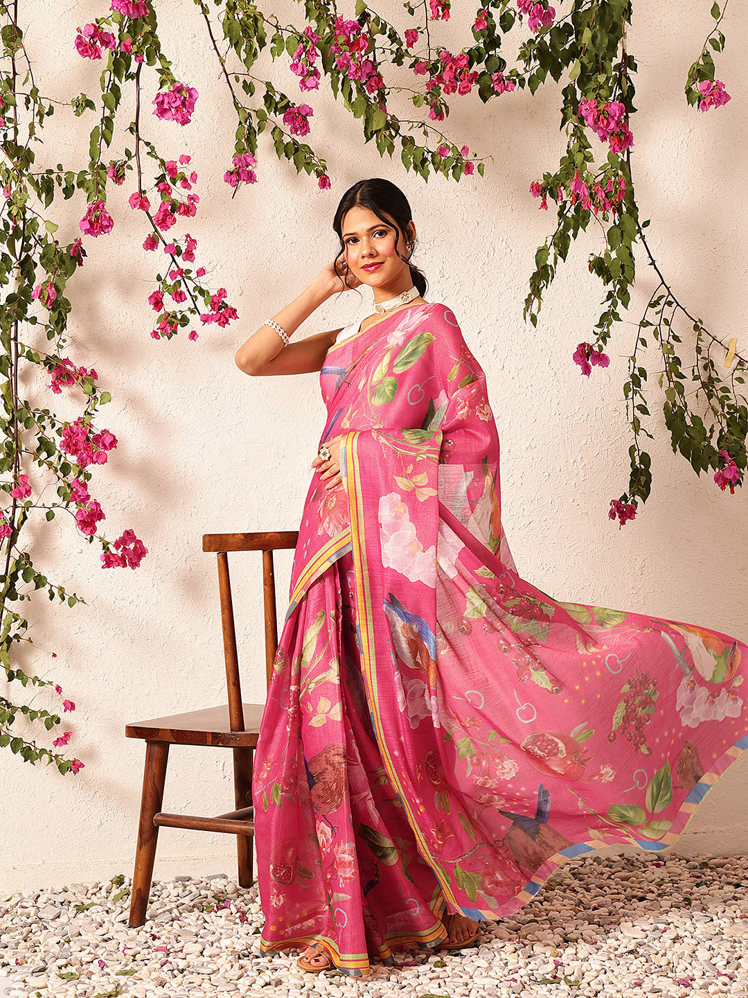 Ready To Wear Fruits Printed Cotton Tissue Saree With Gold Zari Work
