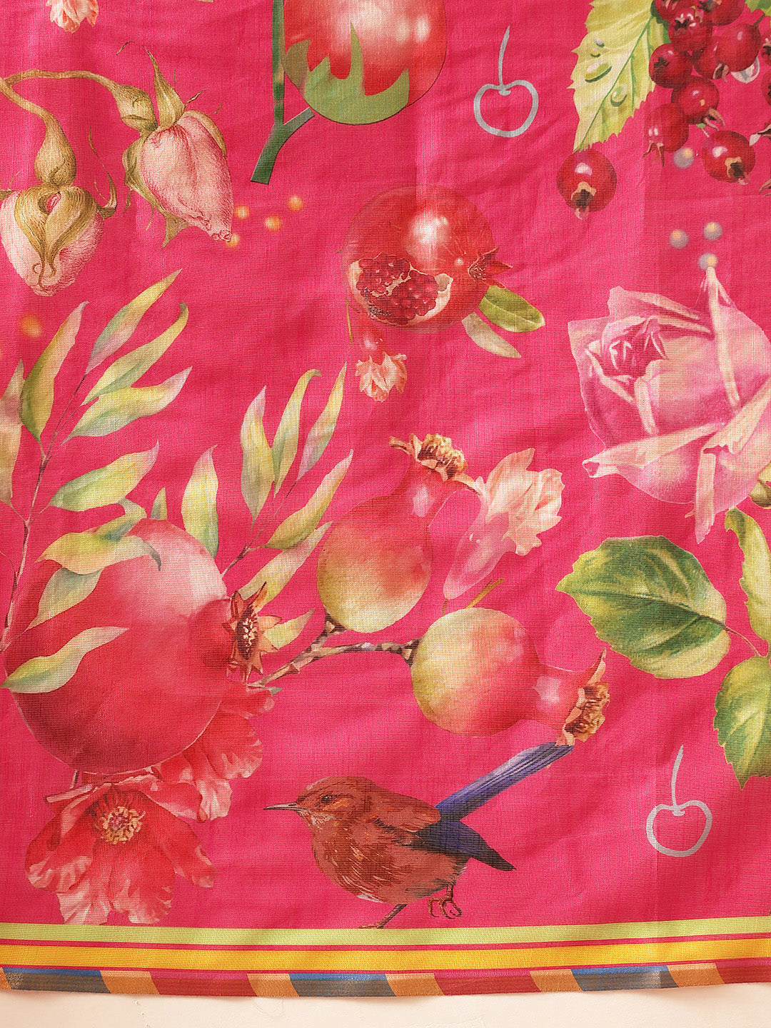 Ready To Wear Fruits Printed Cotton Tissue Saree With Gold Zari Work