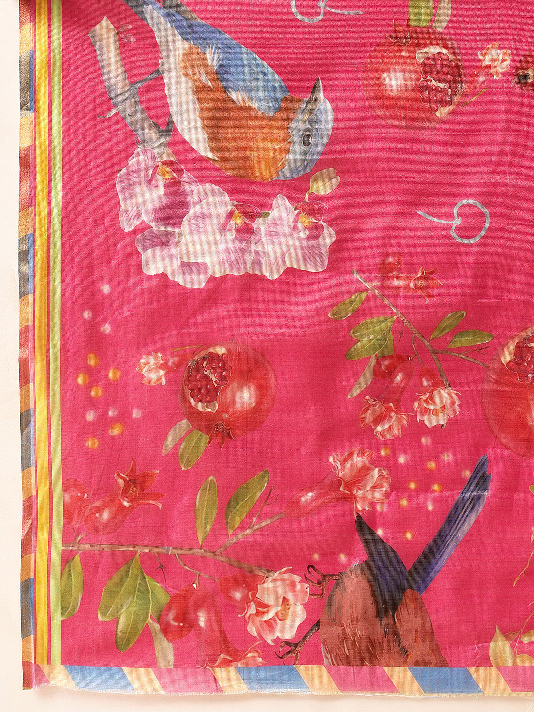 Ready To Wear Fruits Printed Cotton Tissue Saree With Gold Zari Work
