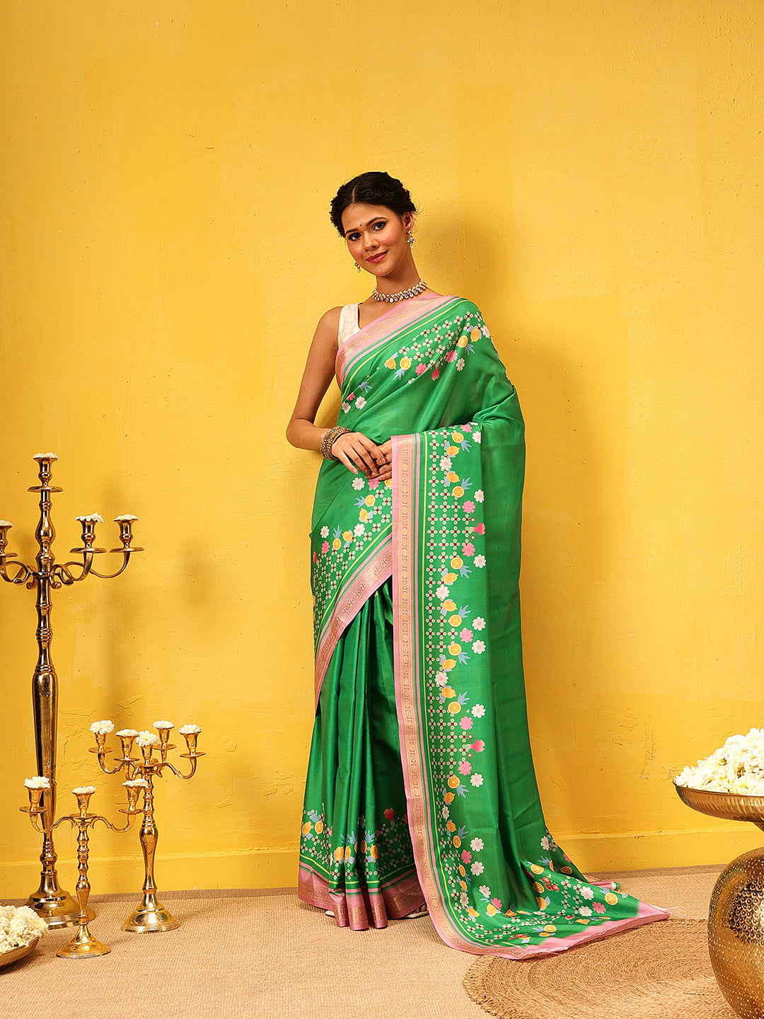 Ready To Wear Printed Art Silk Saree With Gold Zari Woven Border
