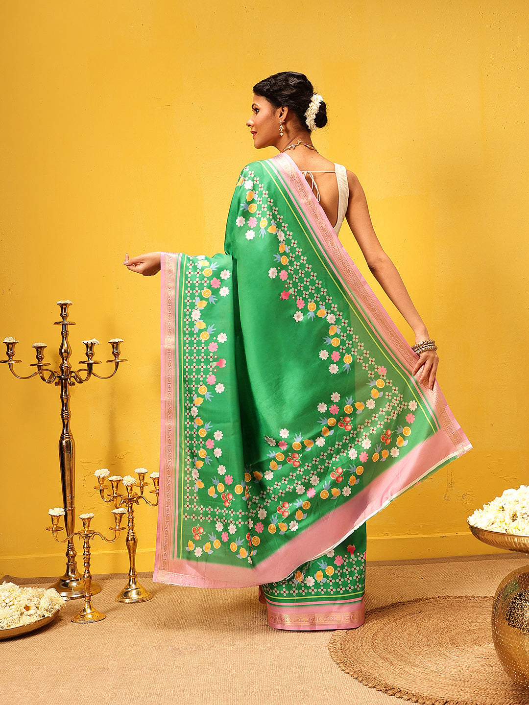 Ready To Wear Printed Art Silk Saree With Gold Zari Woven Border