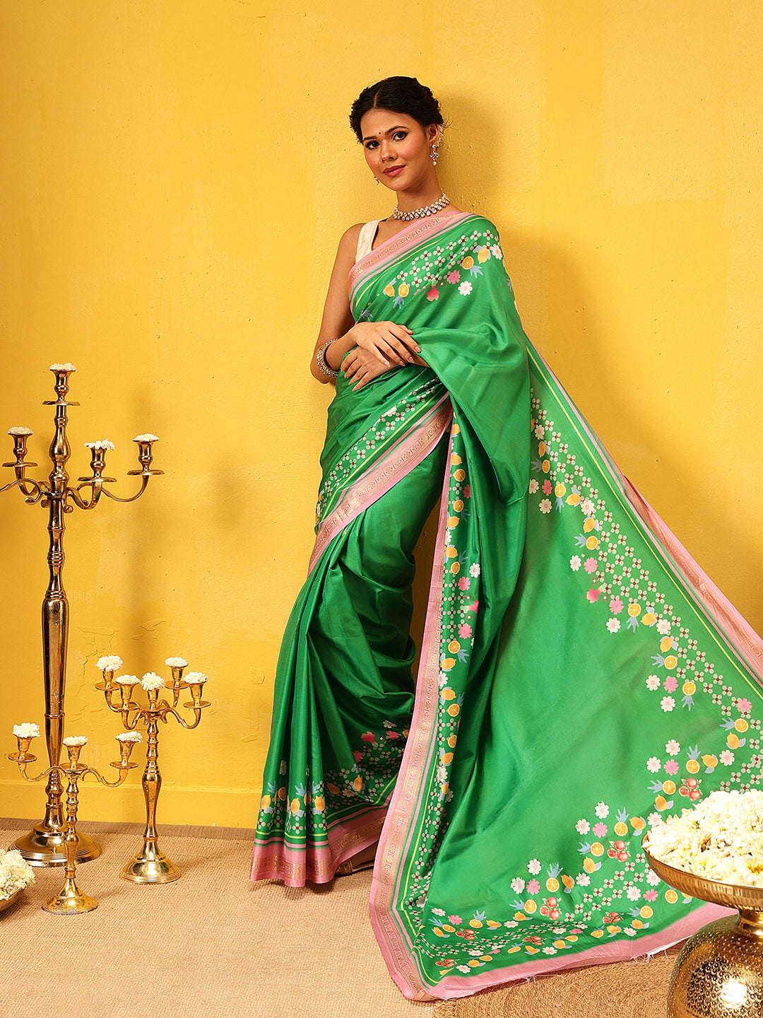 Ready To Wear Printed Art Silk Saree With Gold Zari Woven Border