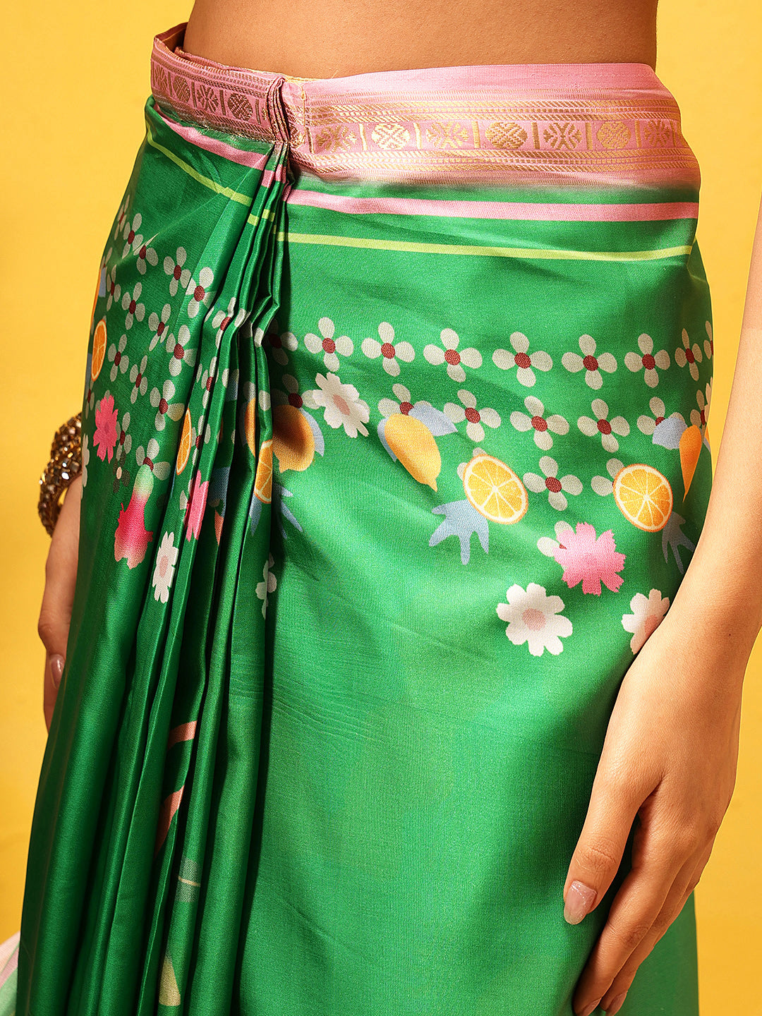 Ready To Wear Printed Art Silk Saree With Gold Zari Woven Border