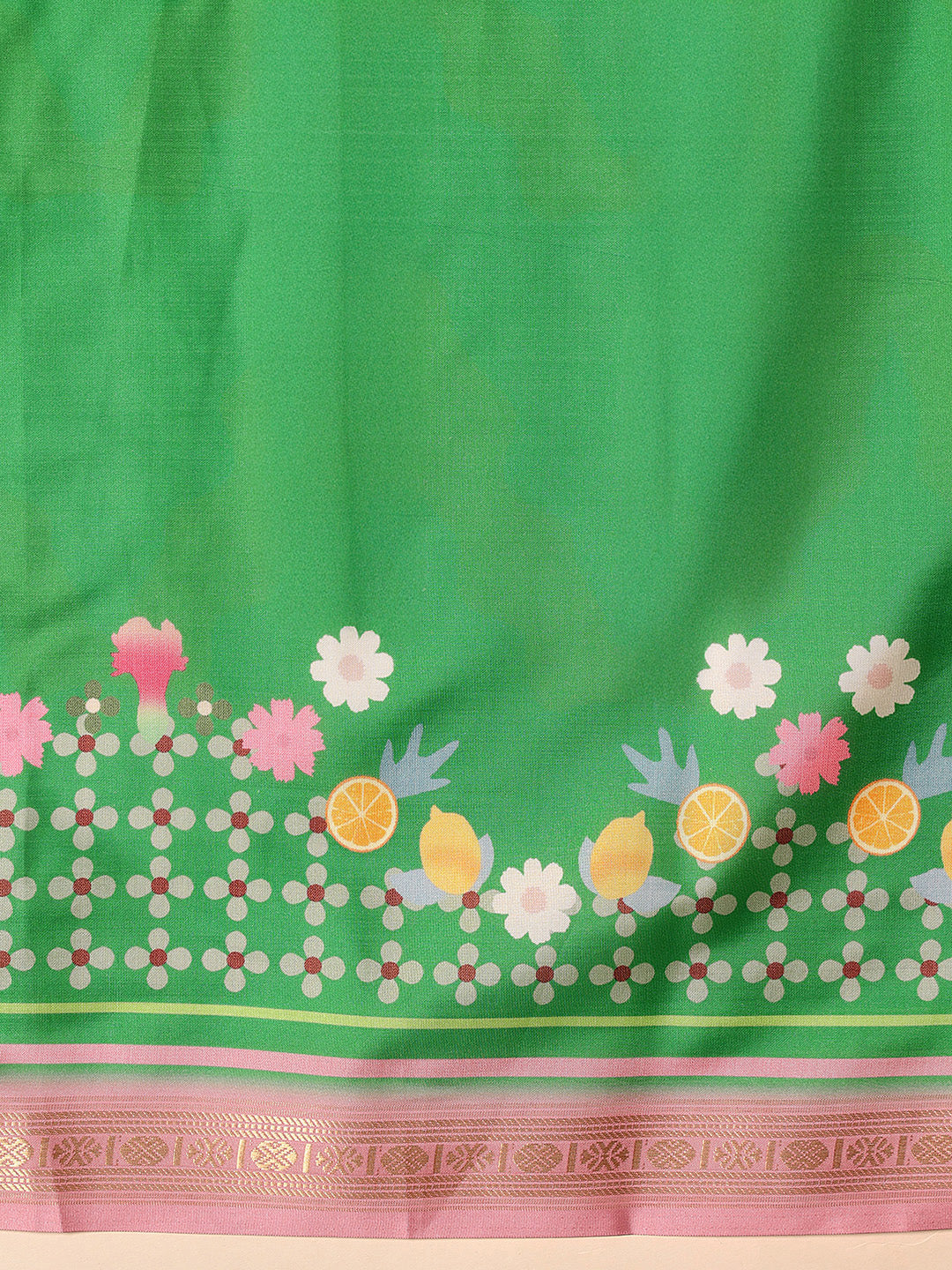 Ready To Wear Printed Art Silk Saree With Gold Zari Woven Border
