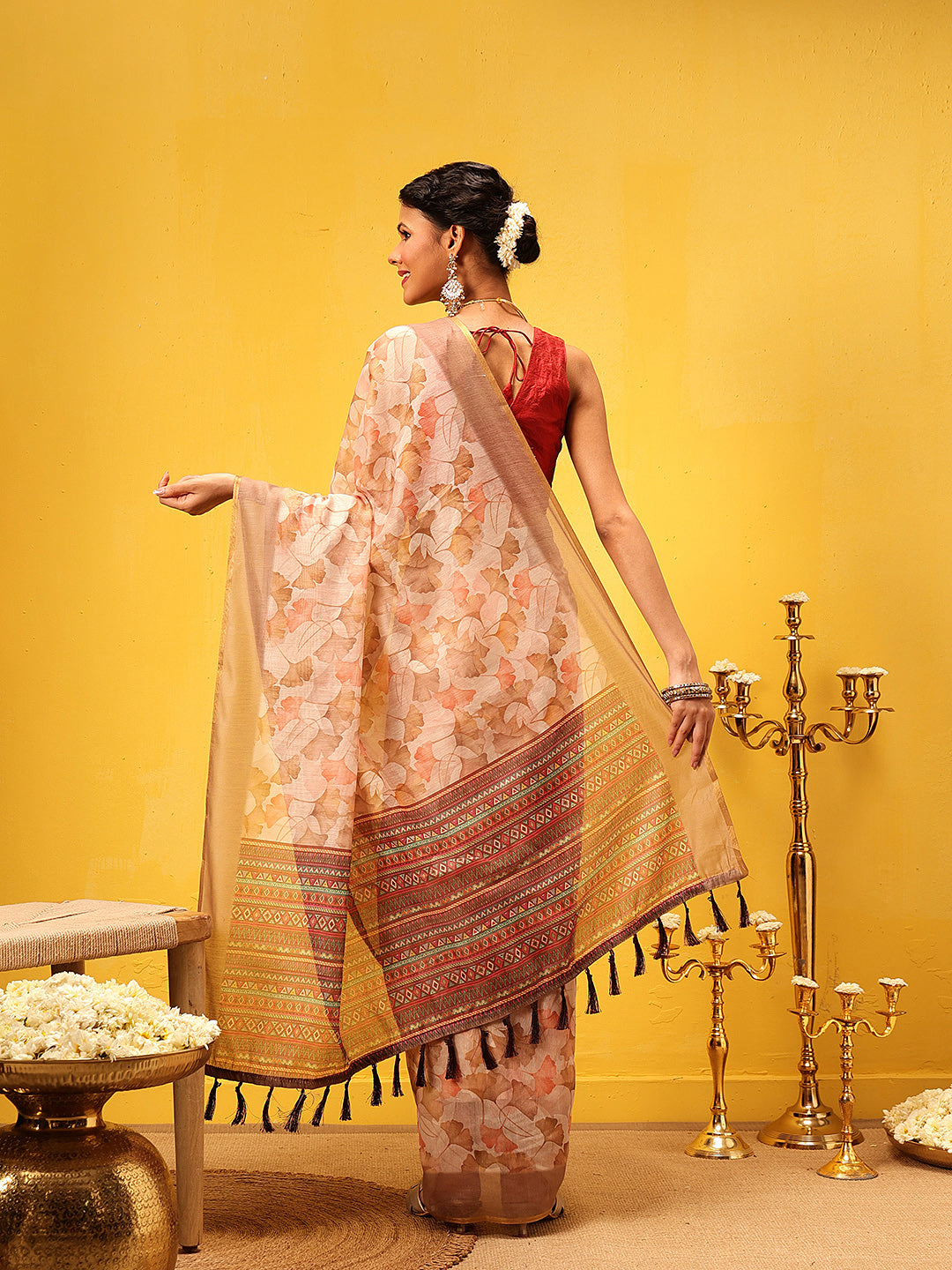 Ready To Wear Women's Block Print Cotton Saree With Blouse Piece