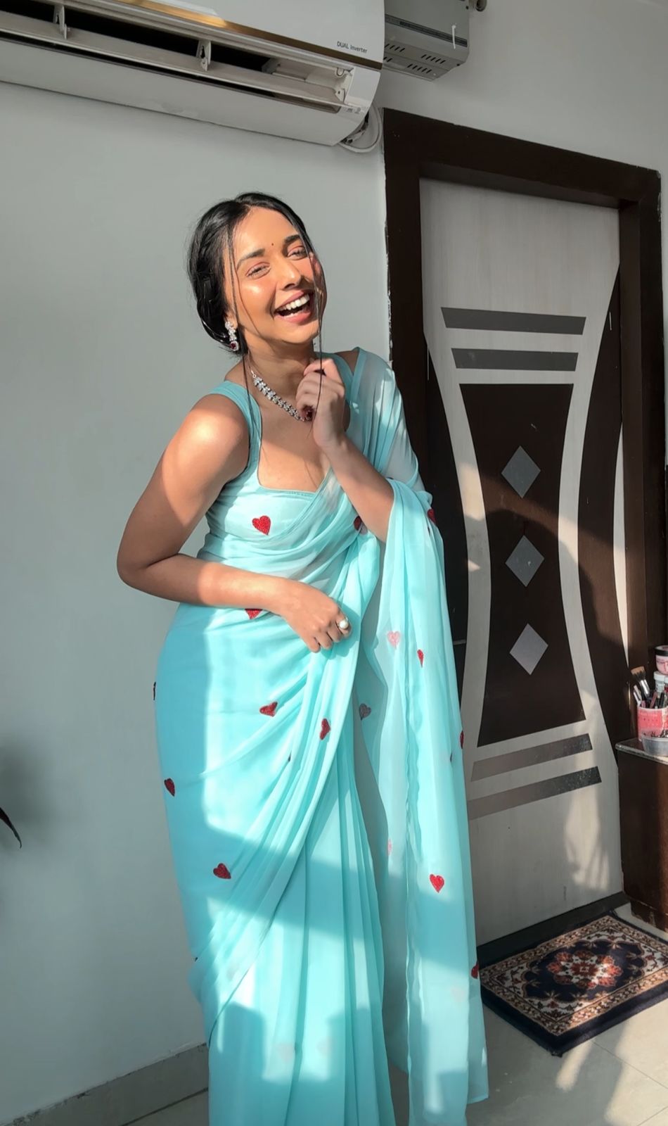 Ready To Wear Embroidered Georgette Saree – Sky & Red Heart Elegance
