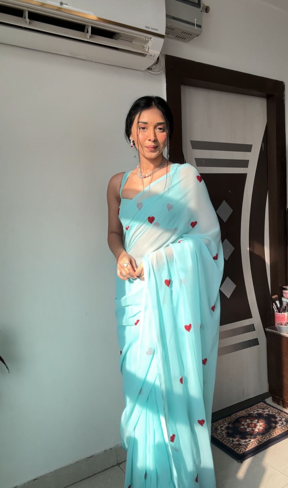Ready To Wear Embroidered Georgette Saree – Sky & Red Heart Elegance