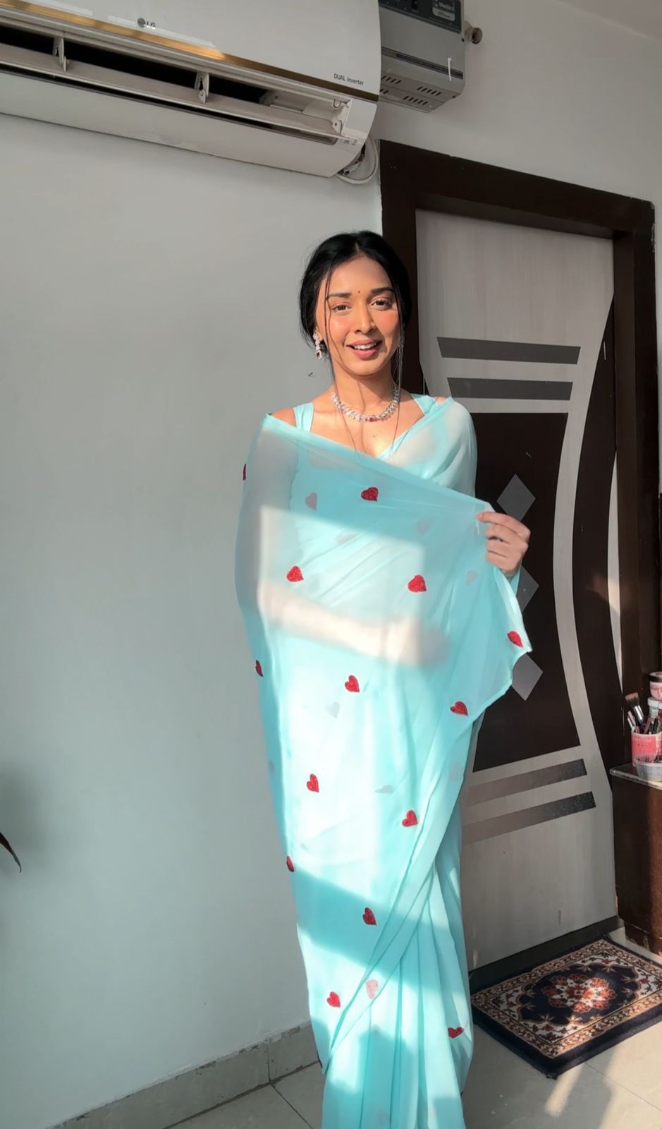 Ready To Wear Embroidered Georgette Saree – Sky & Red Heart Elegance