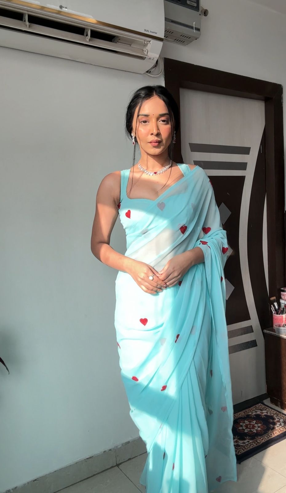 Ready To Wear Embroidered Georgette Saree – Sky & Red Heart Elegance