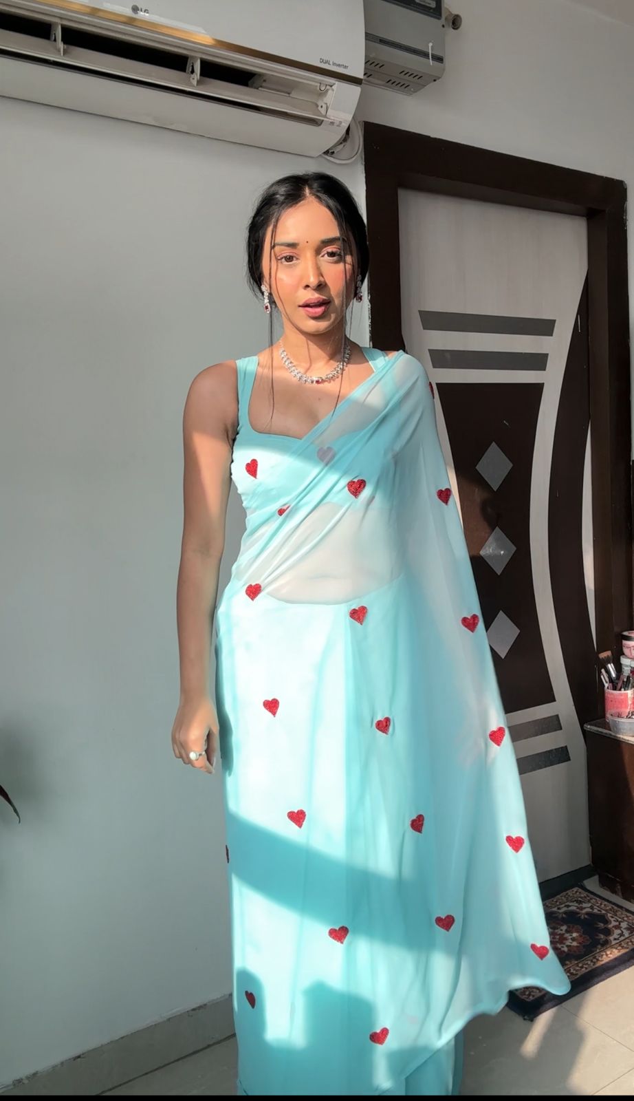 Ready To Wear Embroidered Georgette Saree – Sky & Red Heart Elegance