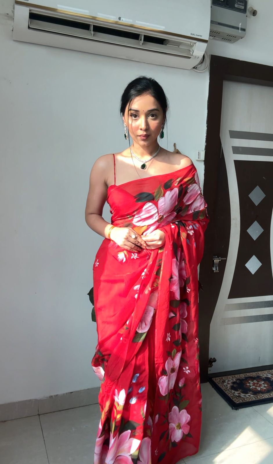 Ready to-Wear Red Peacock Design Organza Saree