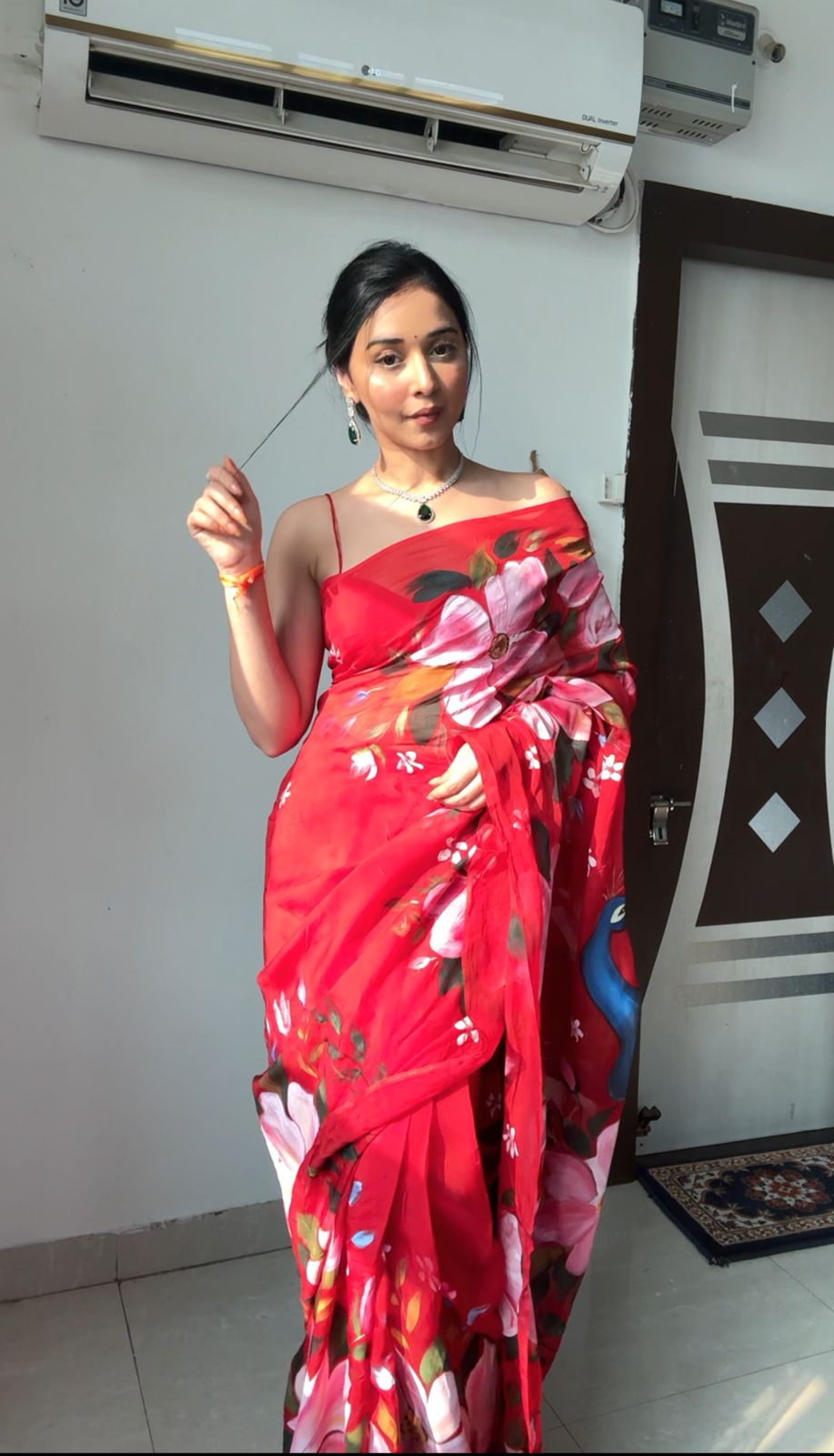 Ready to-Wear Red Peacock Design Organza Saree