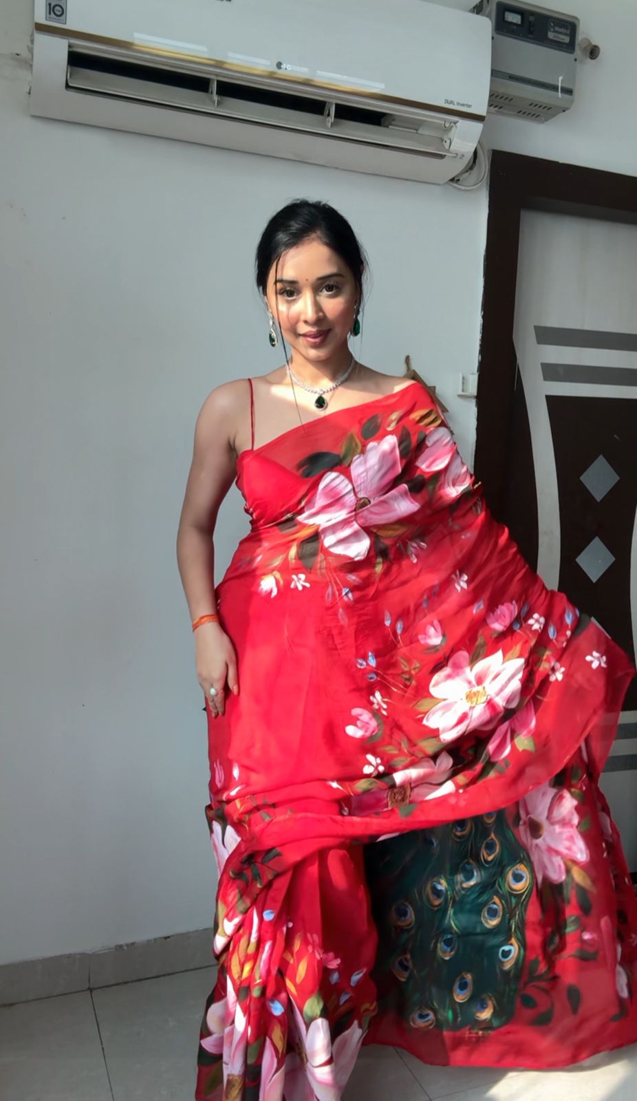 Ready to-Wear Red Peacock Design Organza Saree