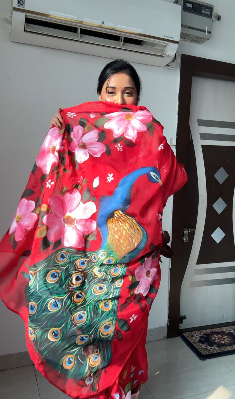 Ready to-Wear Red Peacock Design Organza Saree