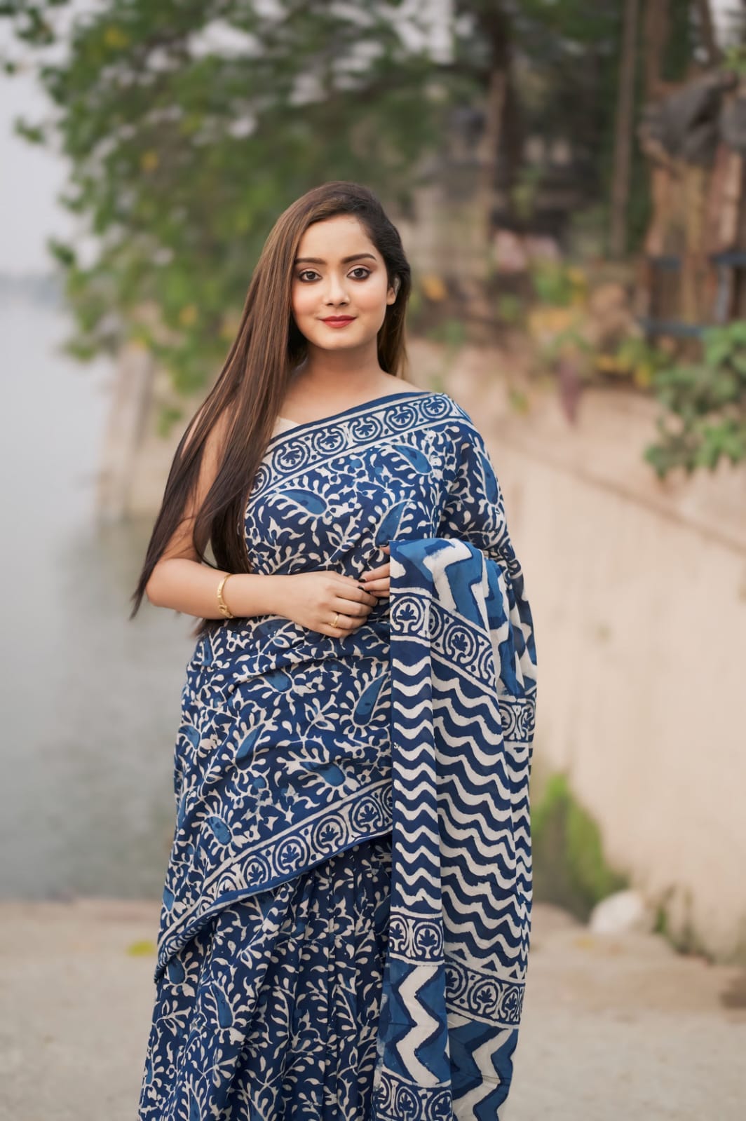 Ready To Wear Linen Silk Digital Print Saree – Blue Serenity