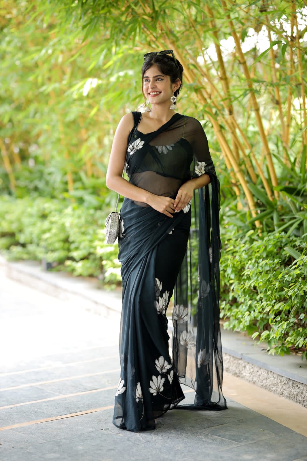 Ready to Wear - Black Floral Pure Soft Georgette Silk Saree