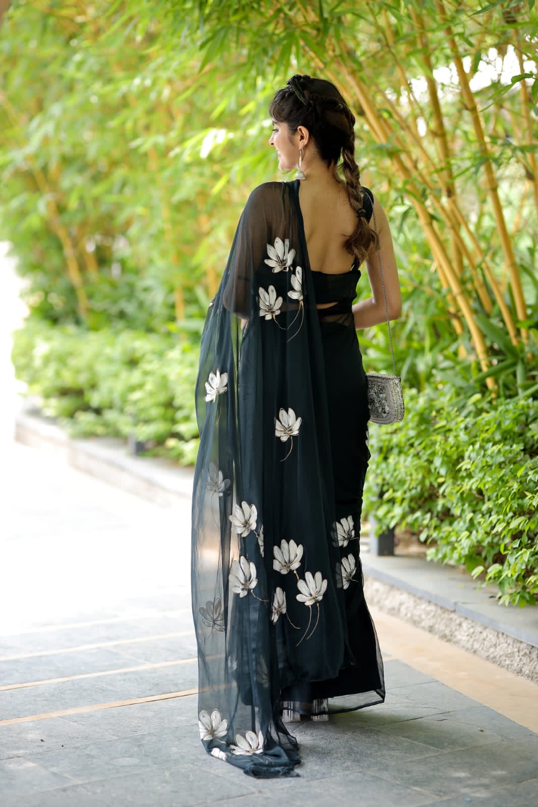 Ready to Wear - Black Floral Pure Soft Georgette Silk Saree