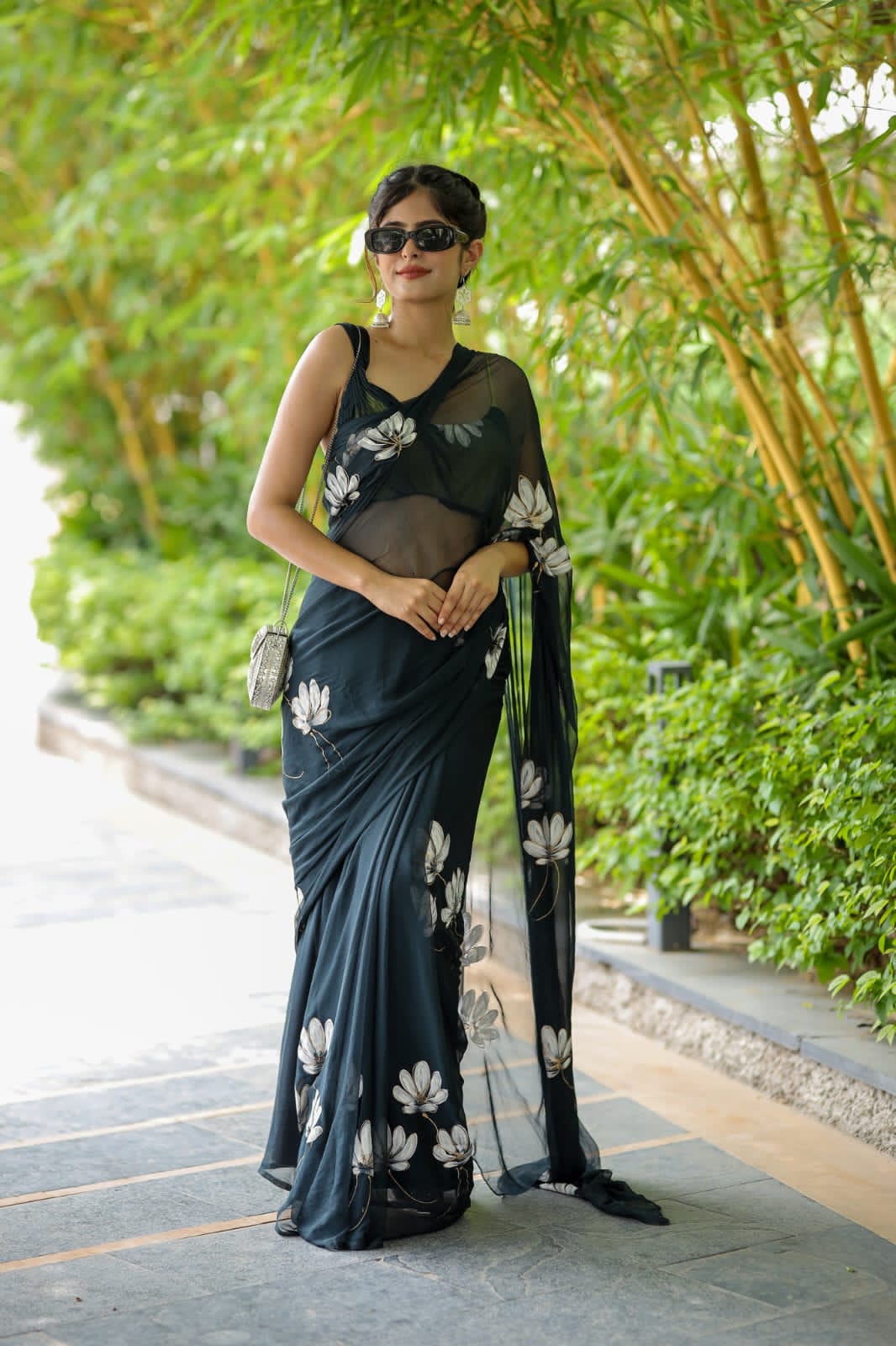 Ready to Wear - Black Floral Pure Soft Georgette Silk Saree